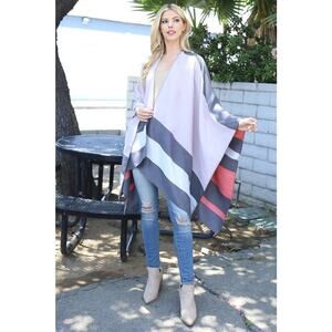 Multicolor Gray/Pink Stripe Print Open Front Shawl.